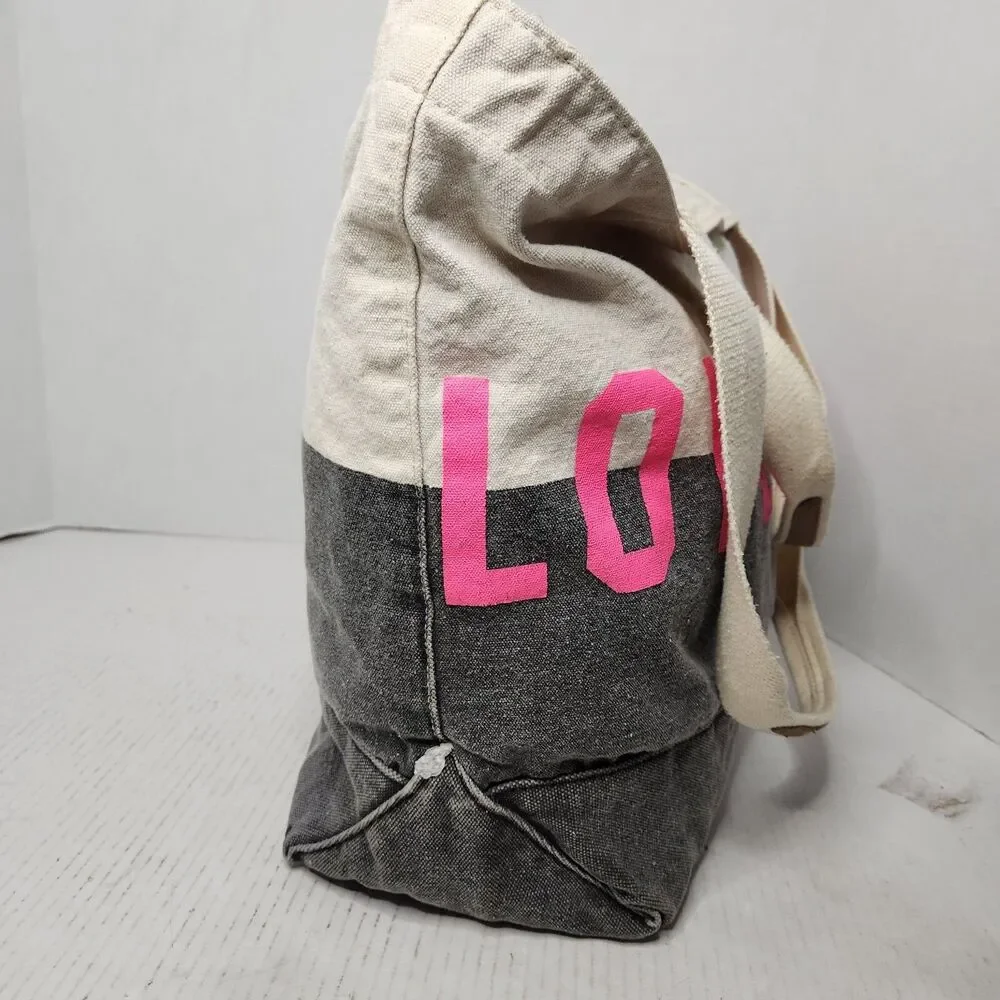 Victoria's Secret LOVE PINK Tote Bag Canvas/Gray Distressed Denim with Zipper